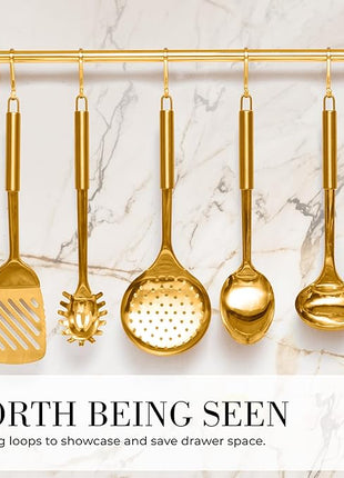Gold Cooking Utensils with Measuring Cups and Spoons Set - 13-Piece Luxury Gold Kitchen Accessories Includes Metal Measuring Cups and Spoons for Baking, Cooking, and Elegant Kitchen Decor