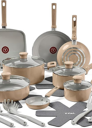 T-Fal Refresh Ceramic Nonstick Cookware Set, 20-Piece, Oven Safe to 350°F, Stockpot, Ceramic Pots and Pans Set, Frying Pans, Griddle, Utensils, Sand Beige