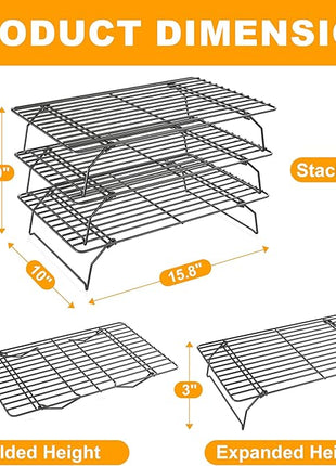 3 Tier Stackable Cooling Rack for Batch Cooling Cookie, Pizza, Cake-15.8”x 10”- Heavy Duty Cooling Racks for Cooking and Baking, Oven and Dishwasher Safe Baking Supplies-Black