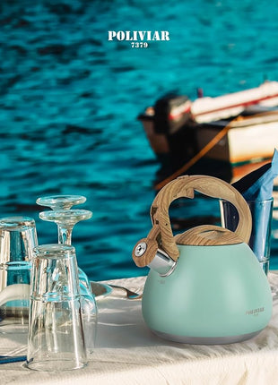 POLIVIAR Tea Kettle, 2.7 Quart Blue Finish with Wood Pattern Handle Loud Whistle Food Grade Stainless Steel Teapot, Anti-Hot Handle and Anti-Rust, Suitable for All Heat Sources JX2025-TB30