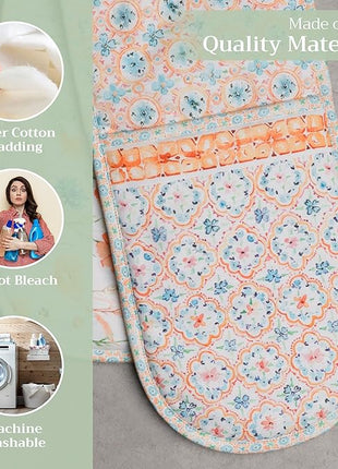 Maison d' Hermine Double Oven Mitts 100% Cotton 7"x35" Double Oven Mitt Heat Resistant BBQ Cooking Gloves with Loop, Baking, Grilling, Home, Kitchen, Handling Hot Pans Spring Summer (Summer Whisper)