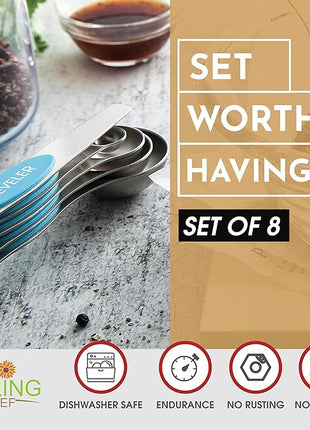 Spring Chef Stainless Steel Magnetic Measuring Spoons Set of 8 with Leveler, Nesting Teaspoon & Tablespoon Measuring Spoons for Dry and Liquid Ingredients, Kitchen Gadgets for Baking & Cooking - Teal