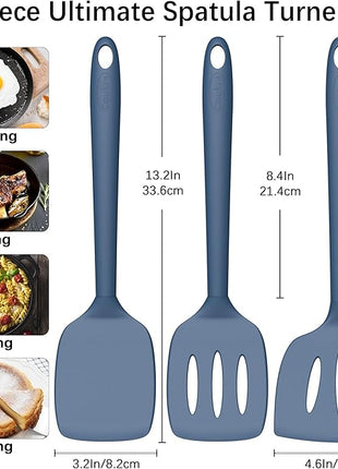 Coukre 3 Pack Silicone Spatula Set, High Heat Resistant, BPA-Free, Fish Spatula, Solid & Slotted Turner for Non-Stick Pans, Flipping Eggs, Pancakes, Fish, Burgers (3, PureDarkBlue)