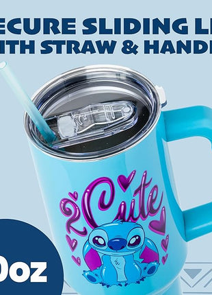 Silver Buffalo Disney Lilo and Stitch “2 Cute” Stainless Steel Tumbler with Handle, Fits in Standard Cup Holder, 40 Ounces (Pack of 12)
