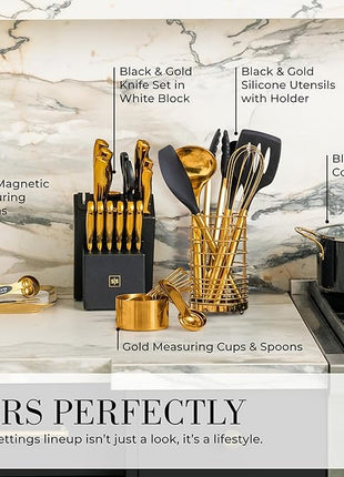Styled Settings Black and Gold Kitchen Utensils Set - 15-Piece Nonstick BPA-Free Silicone Cooking Tools with Measuring Cups and Spoons - Luxury Kitchen Accessories for Stylish Cooking and Baking
