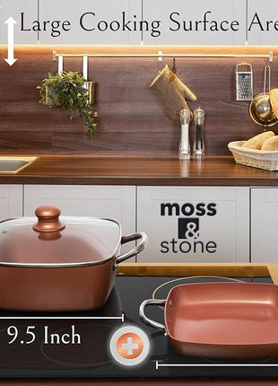 Moss & Stone 6 Pcs Copper Chef Cookware Non Stick Deep Frying Pan 9.5" x 3.5", Fry Basket, Steamer Rack, Dishwasher & Oven Safe, 5 Qt Deep Square Pot & Non Stick Pan, Induction Copper Cookware Set