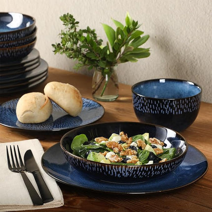 Gibson Elite Matisse 16-Piece Dinnerware Set – Double Bowl Reactive Glaze Cereamic Stoneware in Blue – Plates and Bowls Sets for 4, Microwave & Dishwasher Safe, Rustic Modern Design