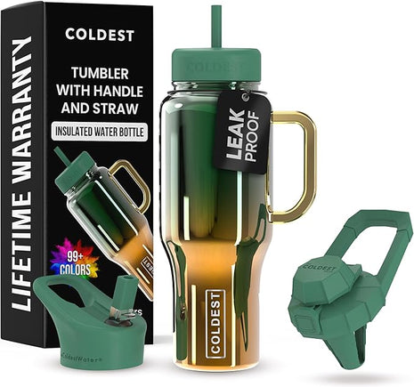 Coldest Tumbler with Handle and Straw - 100% Spill Proof Tumbler with Straw (3 Lids) - Stainless Steel Insulated Leakproof Tumblers for Women & Men - Cup Holder Friendly - 36 oz (Atlantean Nova)