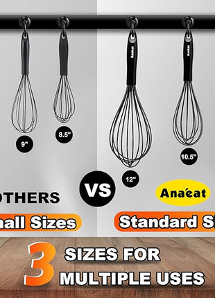 Anaeat Silicone Balloon Whisk, Perfect for Non-Stick Cookware, Milk and Egg Beater Blender, Heat Resistant Kitchen Whisks for Whisking, Cooking, Baking, Beating, Frothing & Stirring (Black)