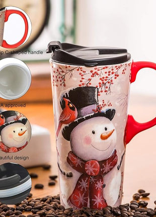 Topadorn Christmas Ceramic Travel Mug Porcelain Coffee Cup with Spill-proof Lid and Gift Box for Holiday,Snowman&Cardinal
