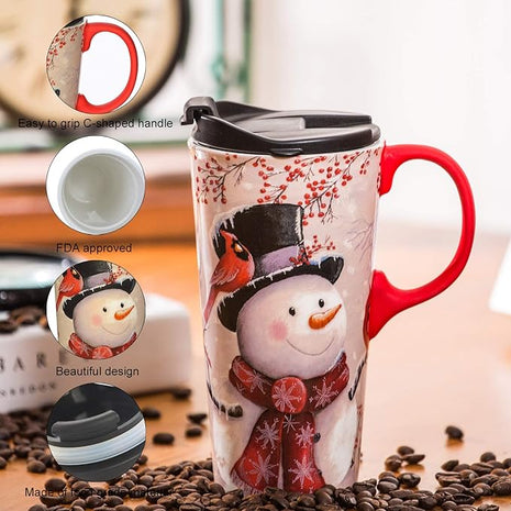 Topadorn Christmas Ceramic Travel Mug Porcelain Coffee Cup with Spill-proof Lid and Gift Box for Holiday,Snowman&Cardinal