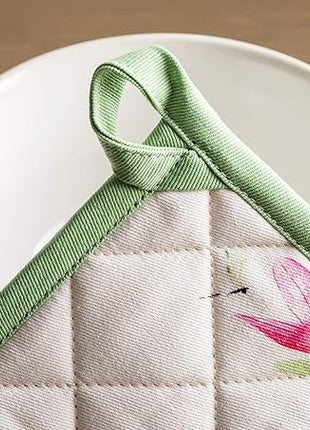 Maison d' Hermine Pot Holders set 100% Cotton Heat Resistant Potholders 8" x 8" Hot Pads with Loop BBQ, Cooking, Baking, Grilling, Kitchen, Handling Hot Pans Spring/Summer (Pack of 2, Botanical Fresh)