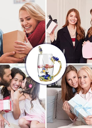 OEAGO Gifts for Mom Women Mothers Day Glass Coffee Enamels Mug Best Birthday Butterfly Rose Gifts for Her from Daughter Son Lead-Free Christmas Blue Tea Cup with Spoon Set