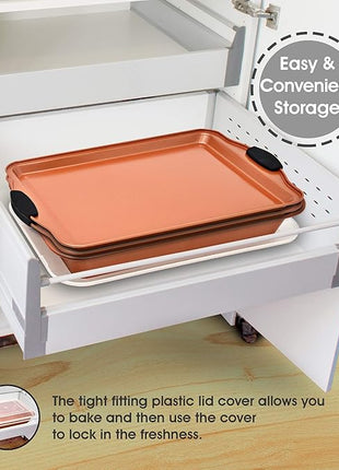 Perlli Baking Sheet 4 Piece Set Nonstick Copper Carbon Steel Oven Bakeware Kitchen Set with Silicone Grips, Includes 2x 9x13" Cookie Sheets, 9x13" Baking Pan with Plastic Lid