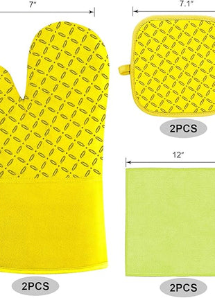 KEGOUU Oven Mitts and Pot Holders 6pcs Set, Kitchen Oven Glove High Heat Resistant 500 Degree Extra Long Oven Mitts and Potholder with Non-Slip Silicone Surface for Cooking (Yellow)