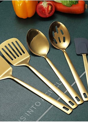 Gold Cooking Spoons, Berglander 6 Pieces Spatula Set Stainless Steel, Metal Spatula, Serving Spoon, Kitchen Tools Set Non-Stick And Heat Resistant, Dishwasher Safe, Easy to Clean (6 Packs)