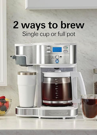 Hamilton Beach 2-Way Programmable Coffee Maker, 12 Cup Glass Carafe And Single Serve Coffee Maker, White with Stainless Steel Accents, 49933