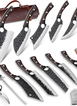 Serbian Chef Knife Set, Hand Forged Butcher Knife Set with Knife Bag, High Carbon Steel Kitchen Knives Set Meat Cleaver Boning Knife Viking Knives for Brisket Trimming, Gifts for Dad