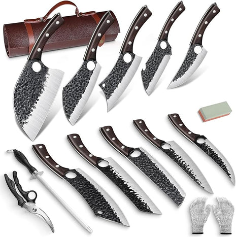 Serbian Chef Knife Set, Hand Forged Butcher Knife Set with Knife Bag, High Carbon Steel Kitchen Knives Set Meat Cleaver Boning Knife Viking Knives for Brisket Trimming, Gifts for Dad