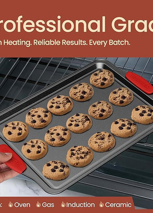 BAKKEN Cookie Sheets for Baking Nonstick Set - 3-Piece Stackable Carbon Steel Baking Sheet Pans Set with Silicone Handles, Non Toxic Cookie Sheets for Baking Bakeware Set - Gray Marble