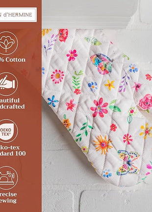 Maison d' Hermine Oven Gloves 100% Cotton Oven Mitt 7" x 13" with Loop Heat Resistant, BBQ, Cooking Gloves, Grilling, Kitchen, Handling Hot Pans Spring/Summer (Pack of 1, Happy Florals - Sweety)