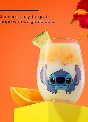JoyJolt Disney Stitch Silly Sips Stemless Drinking Glasses, 19oz Teardrop Glass Cups, Glass Tumbler Cup Set of 4, Stitch Stuff, Lilo and Stitch Gifts, Disney Gifts for Adults