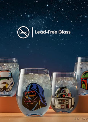 JoyJolt Star Wars Cosmic Color Stemless Drinking Glasses, 19oz Glass Cups ft Darth Vader, Stormtrooper, Boba Fett, R2-D2 - Star Wars Kitchen Glasses Set of 4, Gifts for Men, Women & Adults