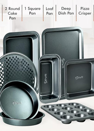 Perlli Baking Pan 8 Piece Set Nonstick Carbon Steel Gray Oven Safe Bakeware Kitchen Set, Cookie Sheet, 2 Round Cake Pans, Square Pan, Loaf Pan, Deep Dish Pan, Pizza Crisper, & 12 Cup Muffin Pan