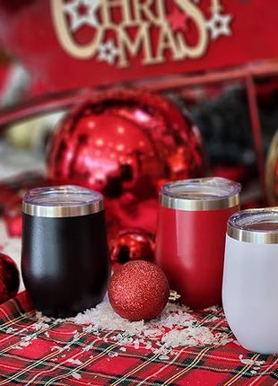 CHILLOUT LIFE 12 oz Stainless Steel Wine Tumbler with Lid - Double Wall Vacuum Insulated Wine Cup Glass Keeping Cold & Hot for Coffee, Champagne, Cocktails, Ice Cream - Powder Coated White