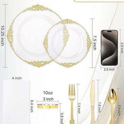Nervure 350PCS Clear Gold Plastic Plates - Gold Plastic Dinnerware Sets for 50 Guests - 100 Disposable Plates, 150 Silverware, 50 Cups, 50 Napkins for Wedding & Party & Thanksgiving