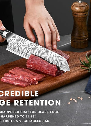 MOSFiATA Santoku Knife- 7 Inch Vegetable Knife Ultra Sharp Chopping Knife- Forged EN.4116 German Steel- Including Sheath,Finger Guard,Knife Sharpener,Full Tang,Best Gifts with Handmade Gift Box