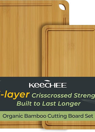 Chopping Board 2-Pcs Natural Bamboo Cutting Board With Juice Channels & Knife-Friendly Finish For Versatile Kitchen Use, Ideal Charcuterie & Chopping Multi-Use