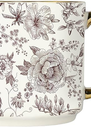 Sweet Water Decor Brown Delft Mug with Gold Handle, 14oz Fine Bone China Coffee Cup for Tea, Latte, or Hot Cider, Vintage Floral Fall Drinkware, Hostess & Housewarming Gift for Women & Teachers