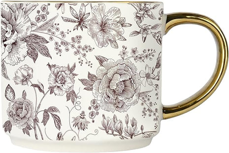 Sweet Water Decor Brown Delft Mug with Gold Handle, 14oz Fine Bone China Coffee Cup for Tea, Latte, or Hot Cider, Vintage Floral Fall Drinkware, Hostess & Housewarming Gift for Women & Teachers