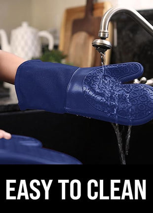 BPA-Free Soft Silicone Oven Mitts - Ultra Heat Resistant Oven Mitts with Thick Cotton Liner - Long Slip Resistant Pot Holders, Flexible Oven Gloves - Royal Blue 13.7"