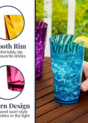 US Acrylic Optix Plastic Reusable Drinking Glasses (Set of 8) 20oz Water Cups in Jewel Tone Colors | BPA-Free Tumblers, Made in USA | Top-Rack Dishwasher Safe