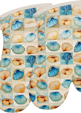 Oven Mitts Gloves 1 Pair Heat Resistant 480 ℉ Non Slip Clear Silicone Printed Shell Comfortable Cotton Lining Kitchen Men Cooking Barbecue Machine Washable (Shell, Beige Mitts)