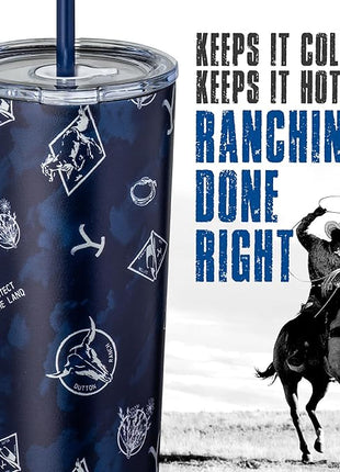 Dragon Glassware x Yellowstone Vacuum Insulated Tumbler with Lid and Straw - 24 oz Tumbler Cup with 2 Straws - Stainless Steel Tumbler with Straw for Water, Iced Tea - Blue