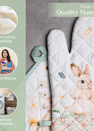 Maison d' Hermine 100% Cotton Oven Mitt & Pot Holder Set (7.5"x13" & 8"x8") Heat Resistant BBQ Cooking Gloves with Loop, Baking, Grilling, Kitchen, Handling Hot Pans Spring/Summer (Easter Dew)
