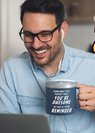 Christmas Dad Gifts Cup - Sometimes You Forget Your Awesome Present Navy 14oz Motivational Coffee Tumbler Christmas Idea for Boyfriend, Husband, Dad Inspirational Mugs Gift for Men Who Have Everything