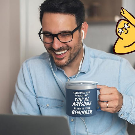 Christmas Dad Gifts Cup - Sometimes You Forget Your Awesome Present Navy 14oz Motivational Coffee Tumbler Christmas Idea for Boyfriend, Husband, Dad Inspirational Mugs Gift for Men Who Have Everything