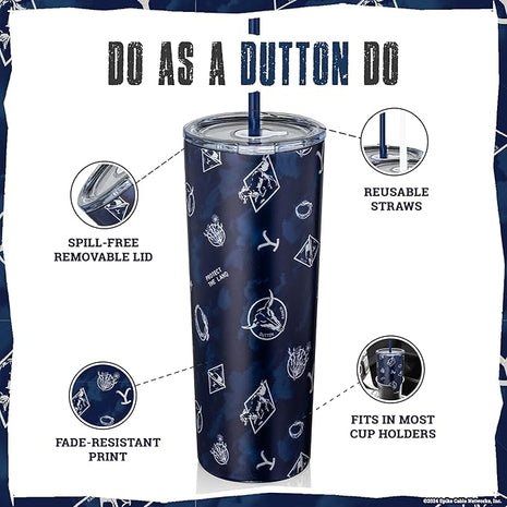 Dragon Glassware x Yellowstone Vacuum Insulated Tumbler with Lid and Straw - 24 oz Tumbler Cup with 2 Straws - Stainless Steel Tumbler with Straw for Water, Iced Tea - Blue