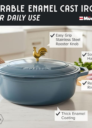 MUELLER HOME 5.5 Quart Enameled Cast Iron Oval Dutch Oven w Rooster Knob & Cotton Potholders, Heavy-Duty Cookware, Oven-Safe up to 500° F & Across All Cooktops, Gifts for Grandma & Women, Mineral Blue