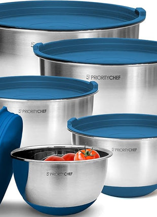 Priority Chef Premium Mixing Bowls With Airtight Lids Set, Thicker Stainless Steel Mixing Bowl Set, Large Prep Metal Bowls with Lids, Nesting Bowls for Kitchen, 1.5/2/3/4/5 Qrt, Blue