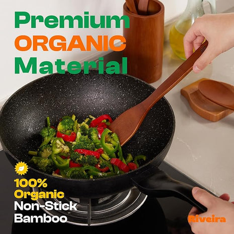 Riveira Premium Brown Bamboo Wooden Spoons for Cooking Set of 3 – Premium Brown Bamboo Wooden Cooking Utensils, Wooden Spatula, Wooden Spoon - Premium Quality Wooden Utensil Set for Non-Toxic Cooking