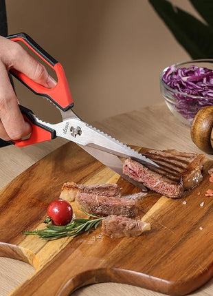 LIVINGO Kitchen Scissors Set All Purpose - Heavy Duty Stainless Steel Come Apart Food Shears for Cutting Meat, Vegetables, Dishwasher safe, 2 Pack, Red Black Multi-Function Handles