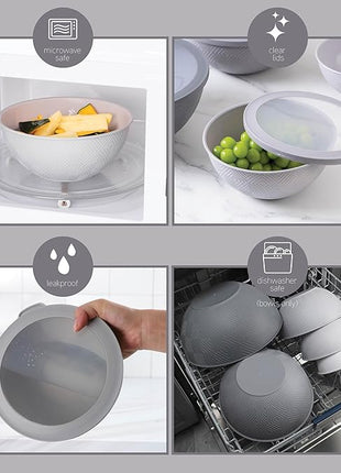 COOK WITH COLOR Mixing Bowls with Lids - 12 Piece Plastic Nesting Bowls Set includes 6 Prep Bowls and 6 Lids, Rhombus Design - Microwave Safe (Grey)