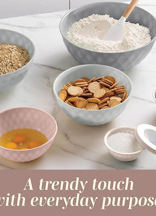 COOK WITH COLOR Mixing Bowls with Lids - 12 Piece Plastic Nesting Bowls Set includes 6 Prep Bowls and 6 Lids, Diamond Design - Microwave Safe, Pink and Grey