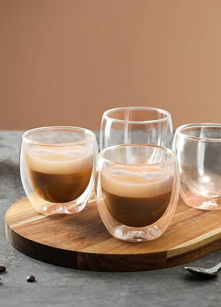 CNGLASS Double Wall Glass Espresso Cups 8.5oz,Insulated Clear Coffee Cup Set of 4