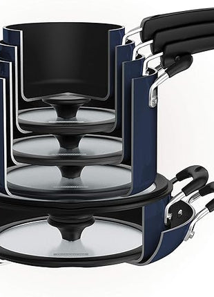 Tramontina Aluminum Non Stick 11-Piece Nesting Pots and Pans Set with Lids - Naval, Kitchen Nonstick Cookware Set, Dishwasher and Oven Safe